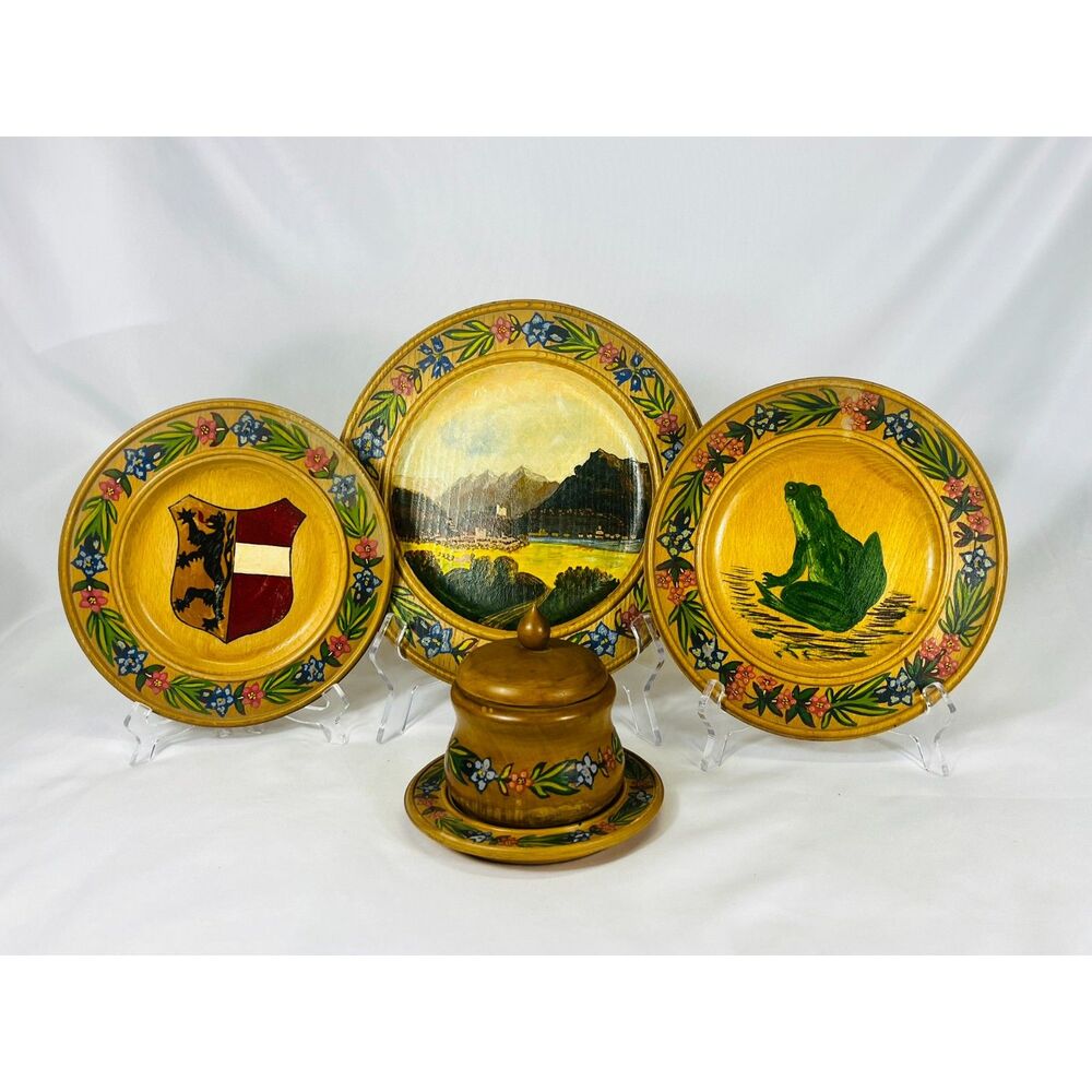 Vintage Josef Feldinger Germany Hand Painted Wood Plates Sugar Bowl Lid